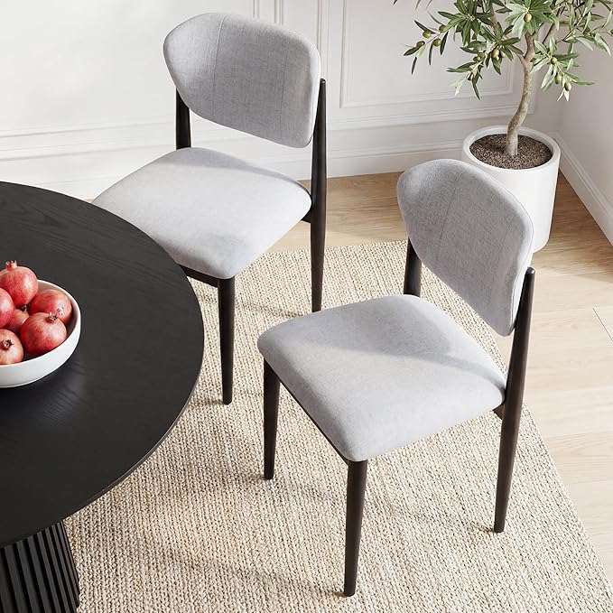 Casaphoria Dining Chairs Set of 2, Solid Black Wood Legs Upholstered Kitchen Chairs, Mid Century Modern Ergonomic Curved Back Accent Chair for Dining Room, Home Office and Vanity, Gray
