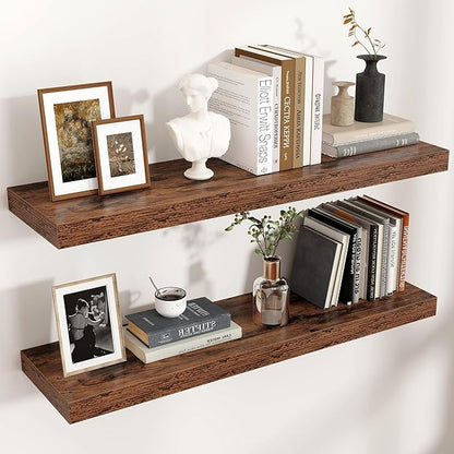 Venusmiles Floating Shelves for Wall, Engineered Wood Wall Shelves with Invisible Brackets for Living Room Bedroom Bathroom Office Kitchen Decor and Storage (Brown, 36" W x 9" D x 1.5" H) Set of 2