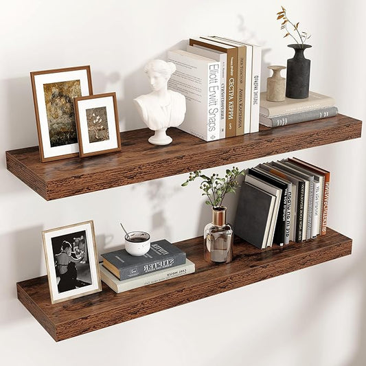 Venusmiles Floating Shelves for Wall, Engineered Wood Wall Shelves with Invisible Brackets for Living Room Bedroom Bathroom Office Kitchen Decor and Storage (Brown, 36" W x 9" D x 1.5" H) Set of 2
