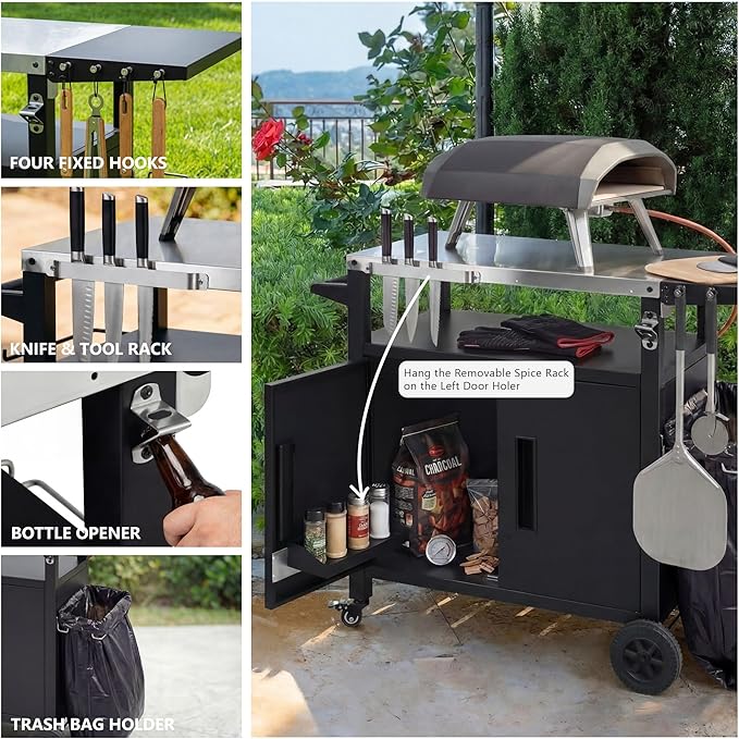 Outdoor Kitchen Island with Stainless Steel Top and Storage Cabinet, Metal Kitchen Island with Foldable Table and Hooks & Spice Rack, Rolling Grill Cart with Wheels and Waterproof Cover Included Black
