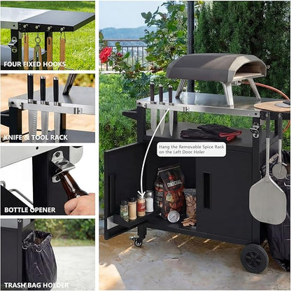 Outdoor Kitchen Island with Stainless Steel Top and Storage Cabinet, Metal Kitchen Island with Foldable Table and Hooks & Spice Rack, Rolling Grill Cart with Wheels and Waterproof Cover Included Black