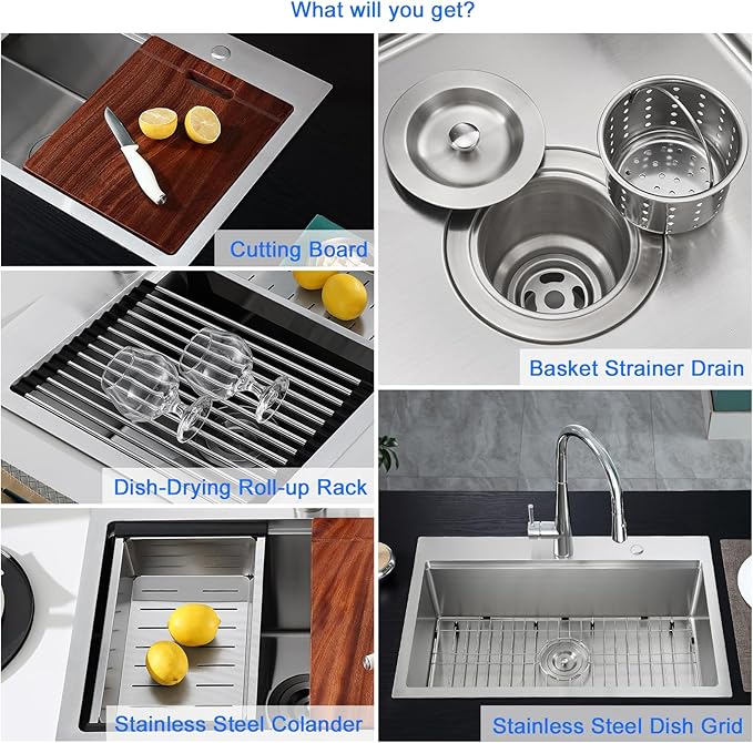 MENATT 30 inch Kitchen Sink Drop In, 18 Gauge Stainless Steel Handmade Drop in Workstation Kitchen Sink, 2 Hole Single Bowl Topmount Kitchen Sinks with Cutting Board, D30"xW18"xH9"