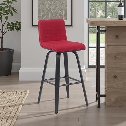 Armen Living Vienna Modern Swivel 30" Bar Height Barstool with Red Fabric Upholstered Seat and Black Wood Finish