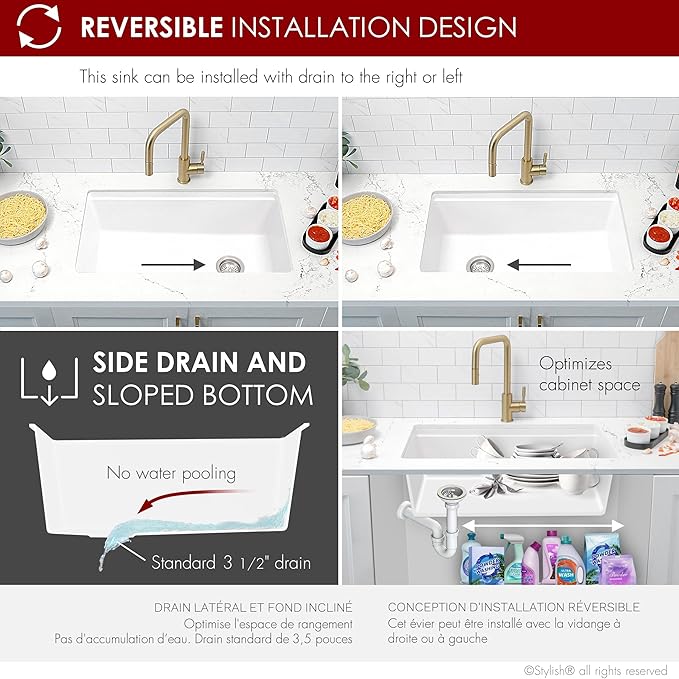 Stylish 32 x 18 Inch Composite Granite Workstation Kitchen Sink, Single Bowl Under Mount & Drop in, 9.5 in Deep, with Cutting Board, Roll-Up Drying Rack, Colander & Strainer, White, S-832WH