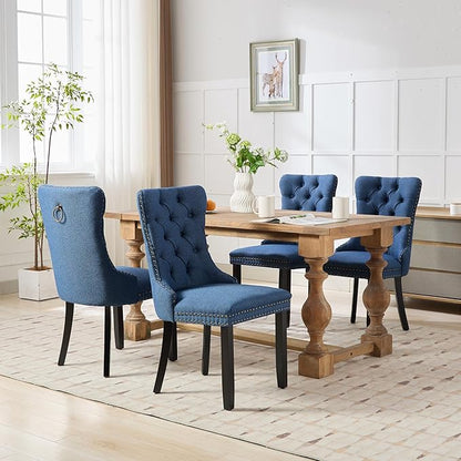 Ball & Cast Contemporary Upholstered Dining Chairs Set of 2, Flax Button Tufted Kitchen Side-Chairs with Hang Ring & Nailhead Trims & Wood Legs, 2-Piece Backrest Traditional Chair, Black+Blue
