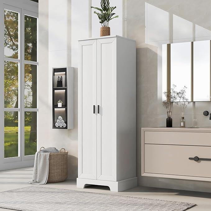 Favfurish 71" Tall Bathroom Storage Cabinet with Doors, Modern Linen Cabinets w/Adjustable Shelves & Anti-Tipping Device, Easy Assembly, Freestanding Organizer for Dining Room,Kitchen,Office,White