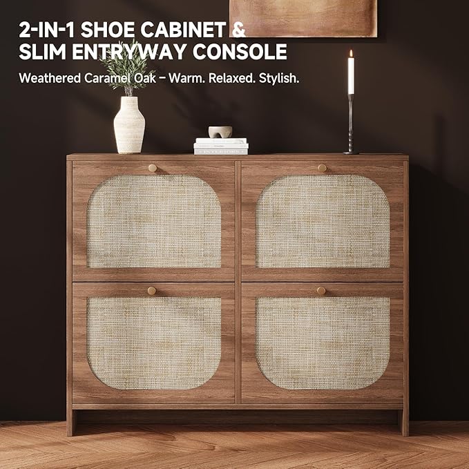 Nicetree Freestanding Arched Rattan Accent Ultra Slim Shoe Cabinet for Entryway - 4 Flip Drawers & 3-Tier Adjustable Shelves, Farmhouse Modern Rustic Shoe Rack for Hallway, Foyer, Living Room