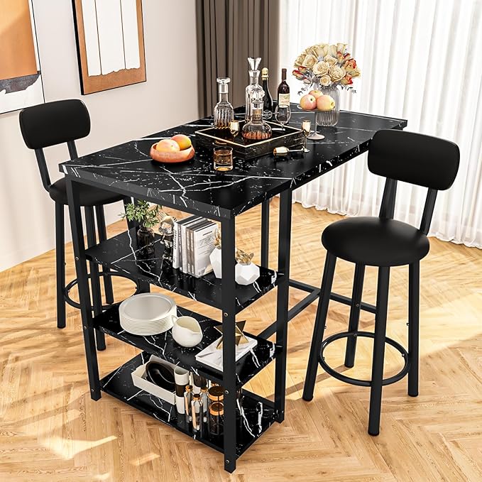 Kitchen Dining Table Set for 2, Bar Table and Chairs Set with 3 Storage Shelves, Tall Dining with 2 PU Leather Backrest Stools for Small Space, Kitchen Island, Apartment, Black