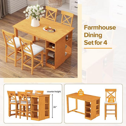 VilroCaz Farmhouse 5-Piece Counter Height Dining Table Set, 2-Tone Rectangular Dining Table with 3-Tier Storage Shelves and Upholstered Dining Chairs, Solid Wood Kitchen Dining Room Set for 4