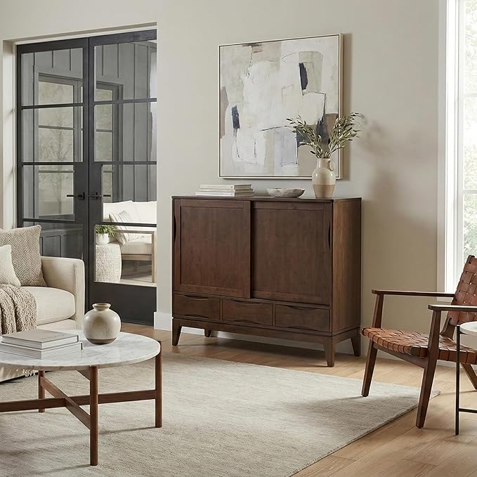 SIMPLIHOME Harper SOLID WOOD 48 inch Wide Mid Century Modern Medium Storage Cabinet in Walnut Brown, with Large Space Behind 2 Sliding Notched Handle Doors, 2 Adjustable Shelves