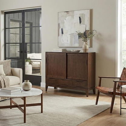 SIMPLIHOME Harper SOLID WOOD 48 inch Wide Mid Century Modern Medium Storage Cabinet in Walnut Brown, with Large Space Behind 2 Sliding Notched Handle Doors, 2 Adjustable Shelves