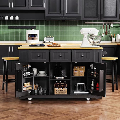 YOPTO 53" Large Kitchen Island with 2 Bar Stools,Power Outlet & Door Internal Storage Rack,Kitchen Storage Cart on 5 Wheels W/Drop Leaf,5 Open Side Racks & 3 Drawers,for Kitchen,Dining Room,Black