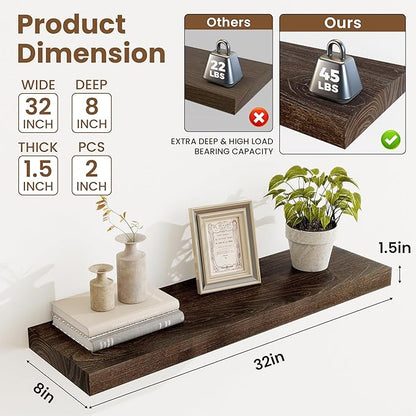 Acovy Extra Deep 32" Long Rustic Solid Wood Floating Shelves for Wall, Wall Shelves with Invisible Bracket for Living Room Bathroom Bedroom Kitchen, Set of 2, Walnut