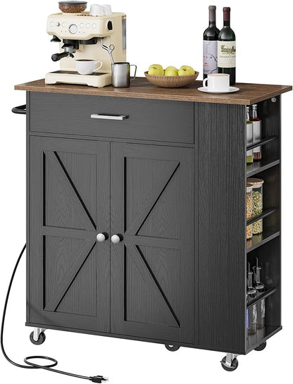 CHOEZON Kitchen Island Cart with Storage, Bar Cart with Charging Station, Kitchen Island on Wheels, Rolling Mobile Table with Cabinet, 3 AC Outlets, Black and Walnut MZD04UBL