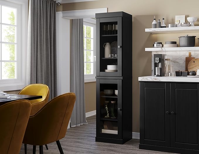 Palace Imports Solid Wood Kitchen Pantry Cabinet w/Glass Doors - Narrow Storage Cabinet - 16.5" Wide x 71.5" Tall - Black, Adjustable Shelves, 100% Eco-Friendly Wood, Modular Cabinets