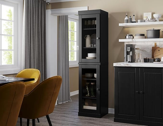 Palace Imports Solid Wood Kitchen Pantry Cabinet w/Glass Doors - Narrow Storage Cabinet - 16.5" Wide x 71.5" Tall - Black, Adjustable Shelves, 100% Eco-Friendly Wood, Modular Cabinets