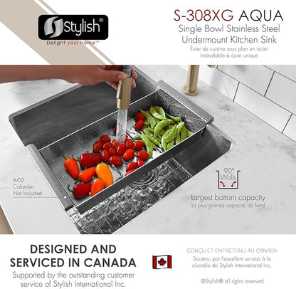 Stylish 19 x 18 Inch Undermount Kitchen Sink 16G Stainless Steel 10mm Radius Corners Single Bowl Kitchen Sinks with Bottom Grid and Luxury Basket Strainer, S-308XG