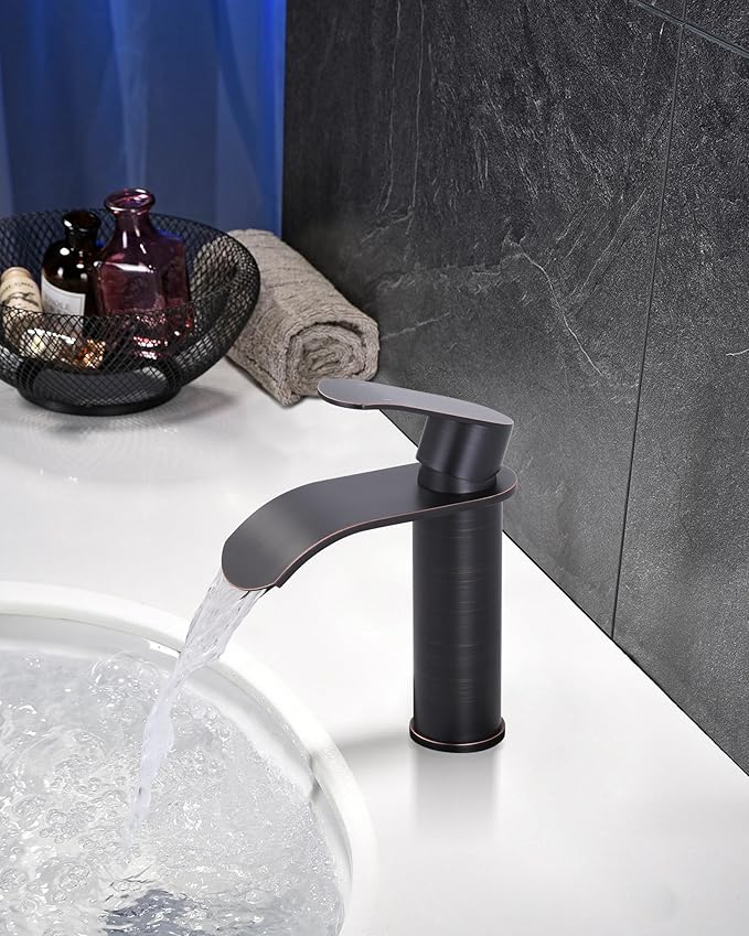 Waterfall Bathroom Faucet Single Handle – WOWOW Modern Oiled Rubbed Bronze Vanity Sink Faucet, Stainless Steel Basin Sink Tap for RV Lavatory 1 or 3 Hole, Hot & Cold Mixer Tap with Pop up Drain