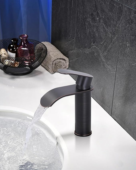 Waterfall Bathroom Faucet Single Handle – WOWOW Modern Oiled Rubbed Bronze Vanity Sink Faucet, Stainless Steel Basin Sink Tap for RV Lavatory 1 or 3 Hole, Hot & Cold Mixer Tap with Pop up Drain