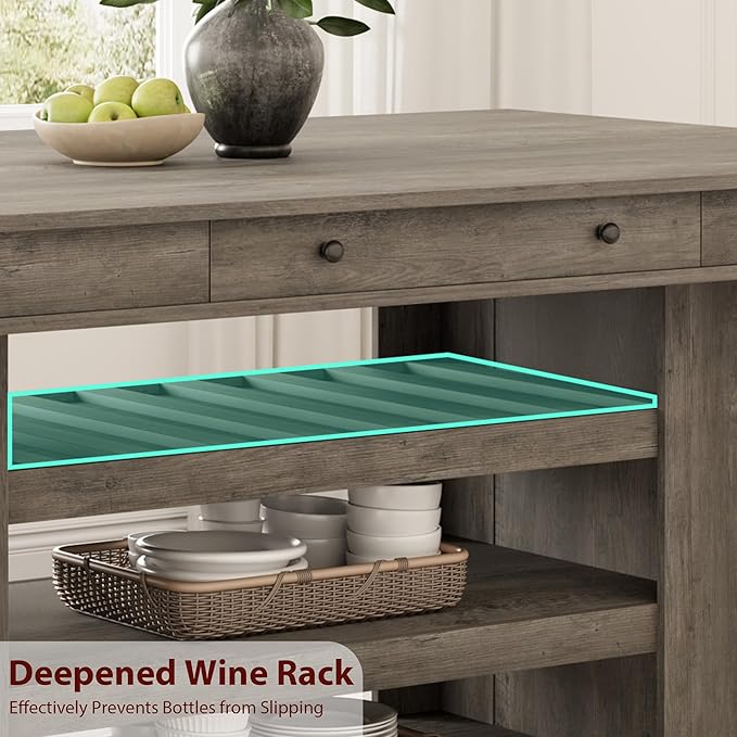 Garvee Counter Height Dining Table with 2 Drawers, 36" Farmhouse Wooden Large Bar Kitchen Table with Wine Rack & 3 Shelves, Rectangular, Thick Frame for Kitchen, Bar & Entertaining, Retro Gray