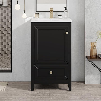 20" Bathroom Vanity with Ceramic Sink Top Set, Multi-Functional Storage Cabinet with Rack Organizer and Drawer, Soft-Closing Door, Solid Wood Frame, Black