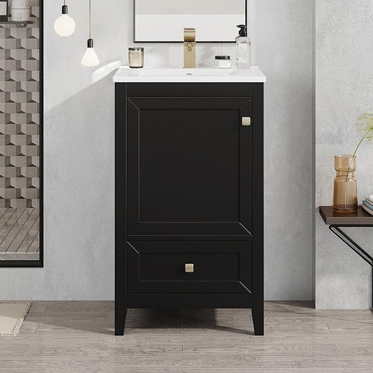 20" Bathroom Vanity with Ceramic Sink Top Set, Multi-Functional Storage Cabinet with Rack Organizer and Drawer, Soft-Closing Door, Solid Wood Frame, Black