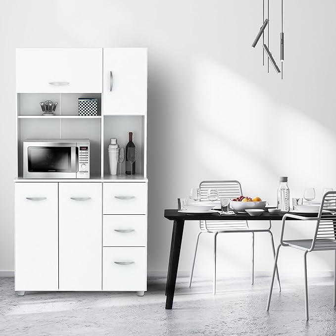 Inval America 4-Door Kitchen Microwave Storage Cabinet with 3 Drawers, Kitchenette Standing Pantry, 71"H x 23.6"W x 17.1"D, White
