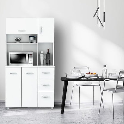Inval America 4-Door Kitchen Microwave Storage Cabinet with 3 Drawers, Kitchenette Standing Pantry, 71"H x 23.6"W x 17.1"D, White