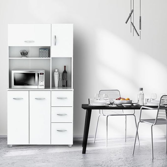 Inval America 4-Door Kitchen Microwave Storage Cabinet with 3 Drawers, Kitchenette Standing Pantry, 71"H x 23.6"W x 17.1"D, White