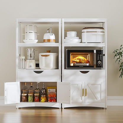 VECELO Freestanding Kitchen Pantry Cabinet, 2-Tier Storage Cupboard with Charging Station & Drawer, Extra Tall & Wide Microwave Shelf, Farmhouse Style, White