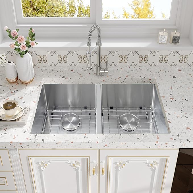 Rhbamoa 30 Inch Undermount Double Sink,16-Gauge T304 Stainless Steel Kitchen Sink 30'' x 18'',50/50 Double Bowl Kitchen Sinks Undermount with Accessories,9 Inch Deep Sinks with Brushed Finish
