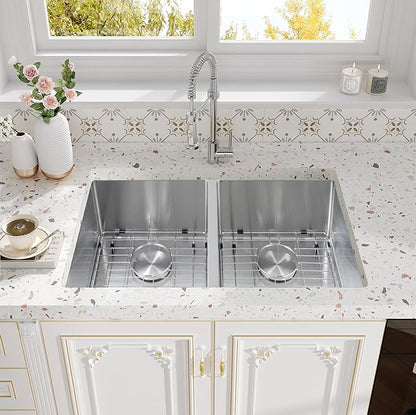 Rhbamoa 30 Inch Undermount Double Sink,16-Gauge T304 Stainless Steel Kitchen Sink 30'' x 18'',50/50 Double Bowl Kitchen Sinks Undermount with Accessories,9 Inch Deep Sinks with Brushed Finish
