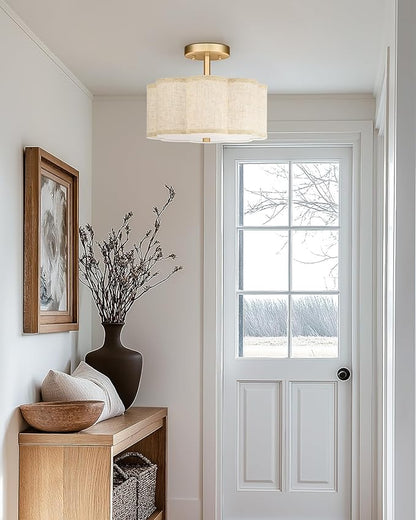 Gold Semi Flush Mount Ceiling Lights, 3-Light 12.5" Light Fixtures Ceiling Mount with Linen Fabric Drum Shade in Flower Shape for Nursery Hallway Bedroom Kitchen, AD-22007-3SF-GD-B