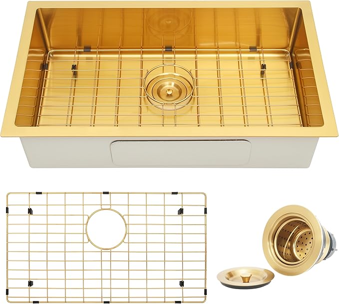 Kitsitchen Gold Ktichen Sink,Gold Undermount RV Kitchen Sink with Strainer & Bottom Gird, 27" x 16" x 7" Stainless Steel Single Bowl Kitchen Sinks Used at RV, Outdoor,Bathroom