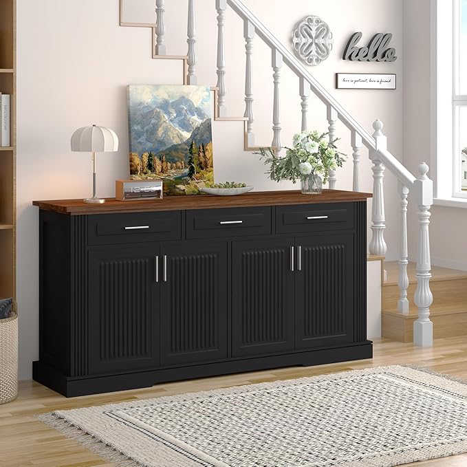 63" Large Buffet Sideboard with Storage, 32" Tall Kitchen Buffet Storage Cabinet with 3 Drawers, Modern Coffee Bar Cabinet with Handles, Long Sideboard Buffet Table for Kichen, Living Room (Black-01)
