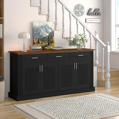 63" Large Buffet Sideboard with Storage, 32" Tall Kitchen Buffet Storage Cabinet with 3 Drawers, Modern Coffee Bar Cabinet with Handles, Long Sideboard Buffet Table for Kichen, Living Room (Black-01)
