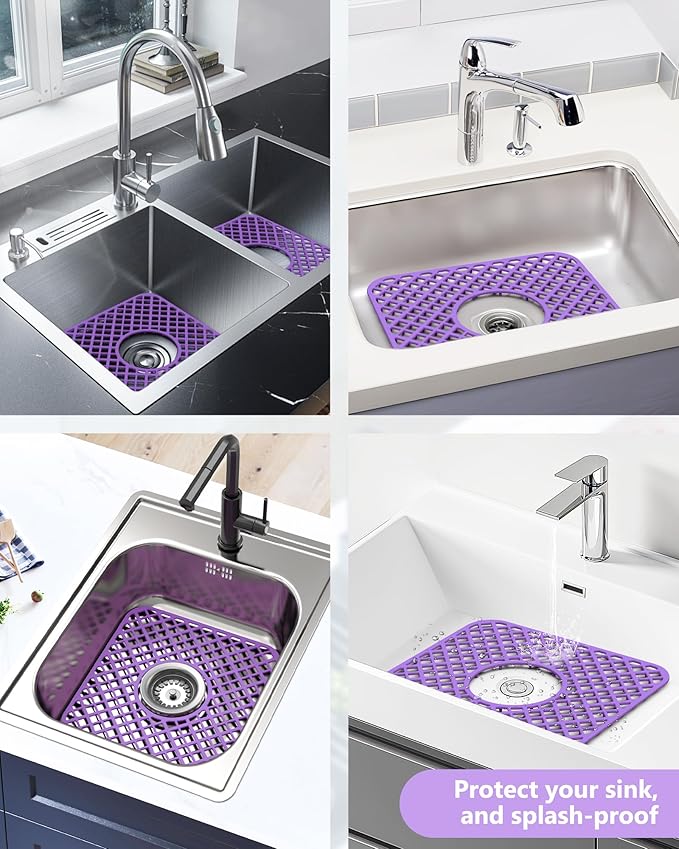 2 Pack Silicone Sink Protector for Kitchen Sink, Trellis Pattern 12 x 11" Sink Grid Mat Silicone Protectors, Center Drain, Purple