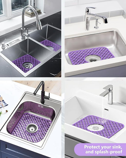 2 Pack Silicone Sink Protector for Kitchen Sink, Trellis Pattern 12 x 11" Sink Grid Mat Silicone Protectors, Center Drain, Purple