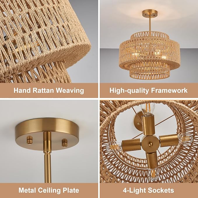 18 Inch Boho Chandeliers for Dining Room 4-Lights Black Farmhouse Light Fixtures Large Pendant Light Hand Woven Dining Table Light Fixture Rattan Hanging Lamp for Kitchen Island