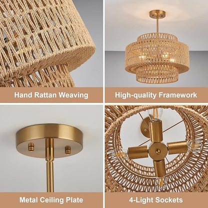 18 Inch Boho Chandeliers for Dining Room 4-Lights Black Farmhouse Light Fixtures Large Pendant Light Hand Woven Dining Table Light Fixture Rattan Hanging Lamp for Kitchen Island