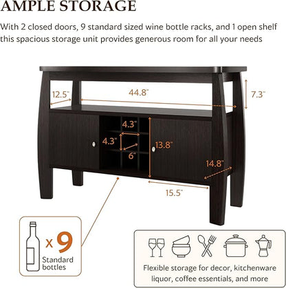 Furniture of America Clyton Modern Kitchen Buffet Storage Cabinet with Doors and Shelves, Wood Sideboard Table, Coffee Bars & 9 Grid Wine Rack, for Dining, Living Room, Dark Espresso