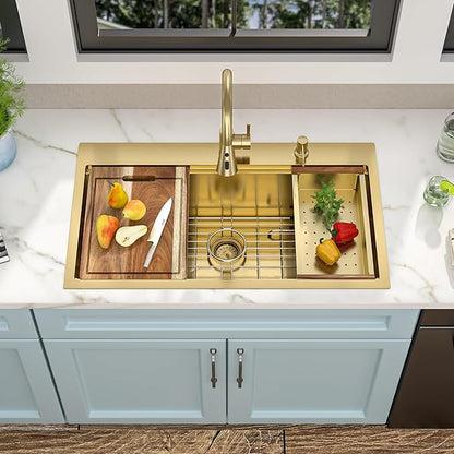 33"x19" Drop In Workstation Kitchen Sink – Brushed Gold NANO-PVD, 16 Gauge T304 Stainless Steel, Single Bowl Luxury Top Mount Sink with Faucet Combo & Soap Dispenser