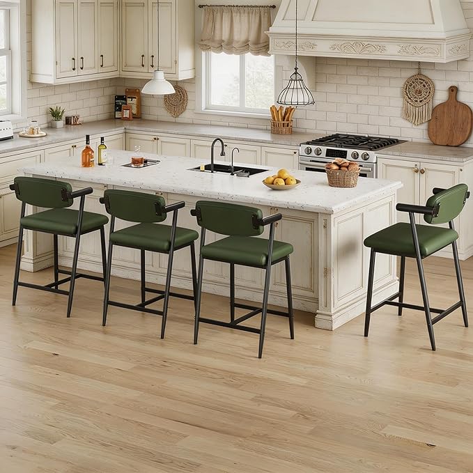GarveeHome Counter Height Bar Stools Set of 4 with Armrests, 26" Upholstered 4pcs Tall Bar Stools Set, Long Backrest & Extra Thick Cushion, Modern High Barstools for Kitchen Island, Pub, Rustic Green