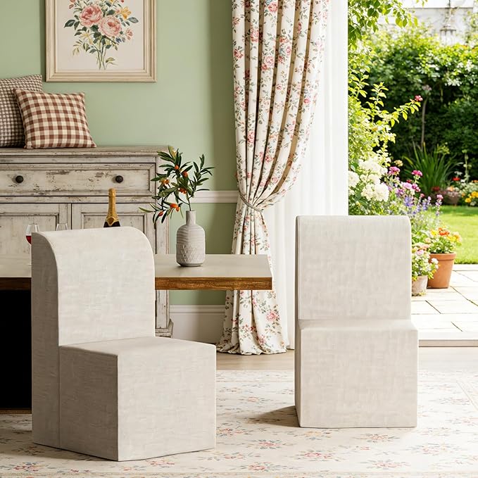 Modern Linen Upholstered Armless Dining Chair Set of 2, Comfortable Dining Room Chair Side Leisure Chairs with Mid Back for Dining Room Kitchen Bedroom Reading Room, No Assemble, Beige