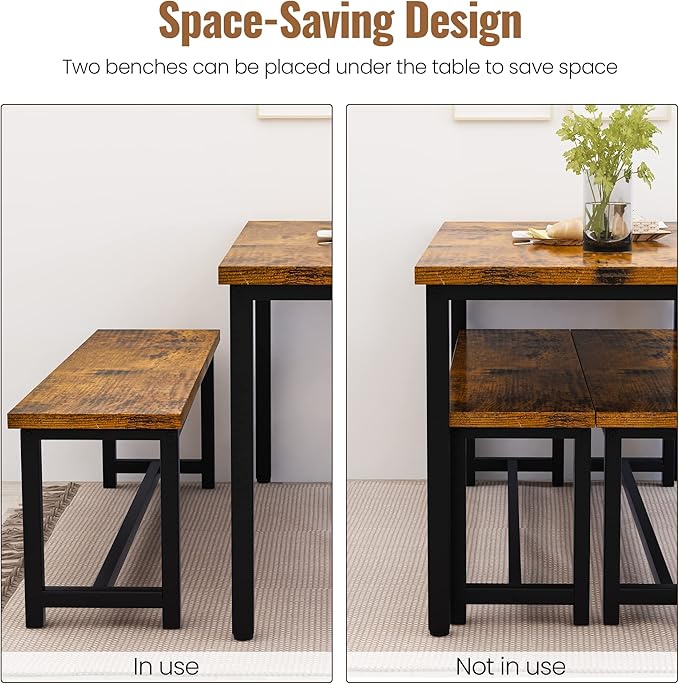 Recaceik Dining Table Set with Bench, 3 Pieces Dining Furniture Set Kitchen Table Set Sturdy Structure Space-Saving Dinette for Kitchen, Dining Room Breakfast Nook, Living Room, Rustic Brow