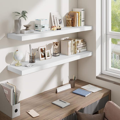 Fun Memories 10 Inch Deep Shelves, Floating Shelves for Wall 48 Inches Long, Wood Floating Shelves for Wall, Large Storage Shelves Wall Mount for Living Room Bedroom, White, Set of 1