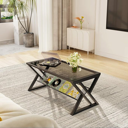 Wolawu Glass Coffee Table Living Room Table with Storage Shelf, Grey Glass Table Simple Modern Rectangular Tables with Sturdy Black Metal Frame,Industrial Glass Coffee Table for Bedroom Home Office