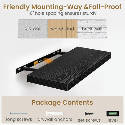 Fun Memories 40" W x 9.3" D Black Floating Shelves for Wall, Deep Long Floating Shelf for Home Bathroom, Bedroom, Living Room, Rustic Wood Wall Mounted Shelves for Books Decor