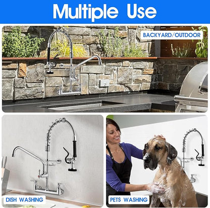 Commercial Kitchen Faucet with Pre-Rinse Sprayer 8 Inch Center Wall Mount Kitchen Sink Faucet with Pull Down Spray - 25" Height Compartment Sink Faucets with 12 Inches Add-On Spout