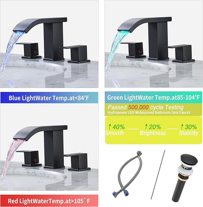 Bathroom faucets 3 Hole Widespread Modern Bathroom Sink Faucet 8 inch Matte Black Bathroom 3 Hole LED Light Waterfall Vanity Faucet Sink with Pop Up Drain (Matte Black)